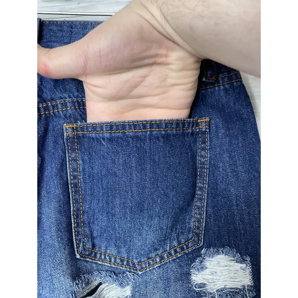 Fashion Nova Shorts Womens Small Dark Denim Distressed Frayed High‎ Rise Cutoff